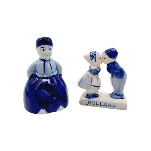 Vintage Delft Blue Little Dutch Boy Porcelain Bell & Kissing Boy Girl Figurine